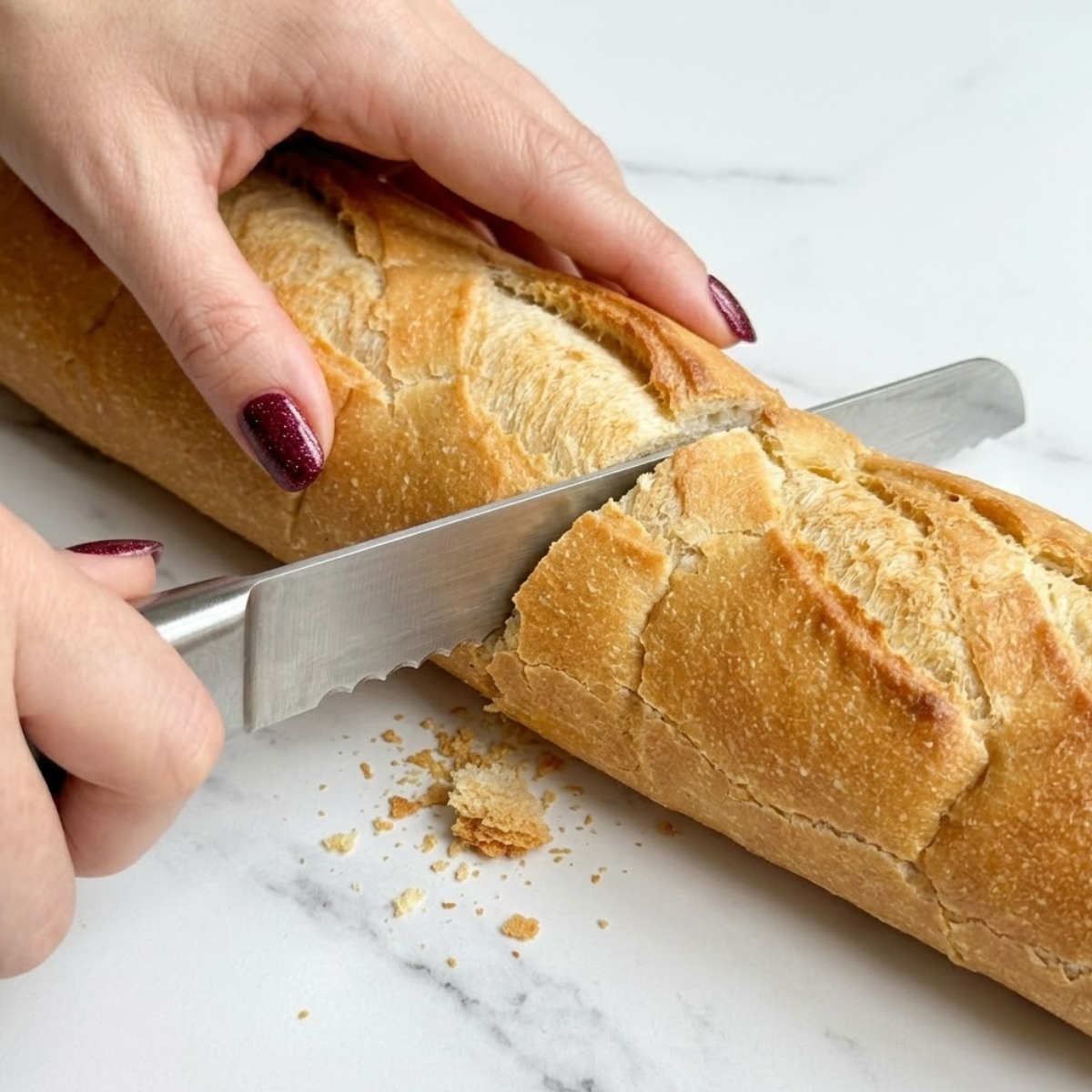 Extreme close-up of hands with red glitter nails slicing a loaf of French bread in half with a serrated knife.