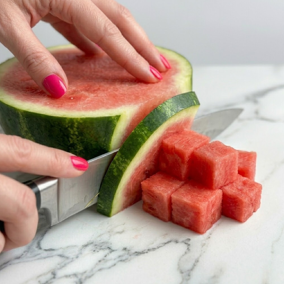 Extreme close-up of hands with hot pink nails slicing the green rind off a fresh watermelon with a chef's knife.