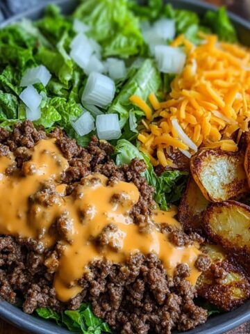 A smash burger bowl with seasoned ground beef drizzled in creamy burger sauce, served over chopped romaine lettuce with diced onions, shredded cheddar cheese, and crispy roasted potatoes in a dark bowl.