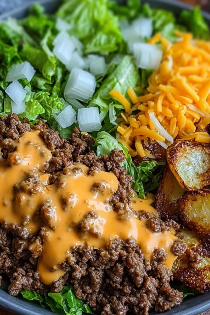 A smash burger bowl with seasoned ground beef drizzled in creamy burger sauce, served over chopped romaine lettuce with diced onions, shredded cheddar cheese, and crispy roasted potatoes in a dark bowl.
