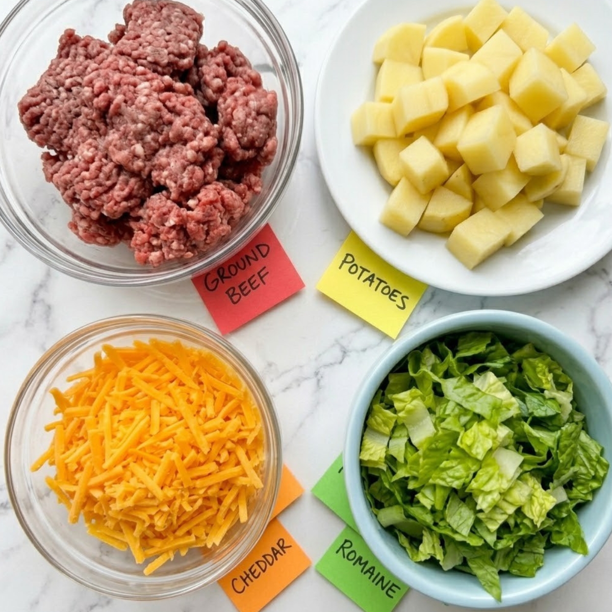 Flat lay of raw ground beef, diced potatoes, shredded cheddar, and chopped romaine lettuce with handwritten labels on a marble counter.
