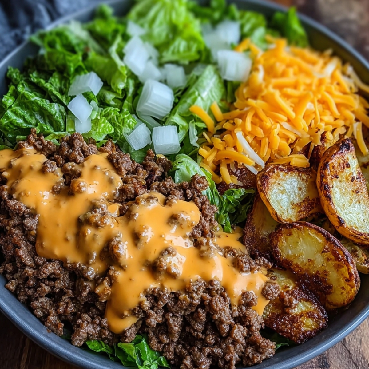 A smash burger bowl with seasoned ground beef drizzled in creamy burger sauce, served over chopped romaine lettuce with diced onions, shredded cheddar cheese, and crispy roasted potatoes in a dark bowl.