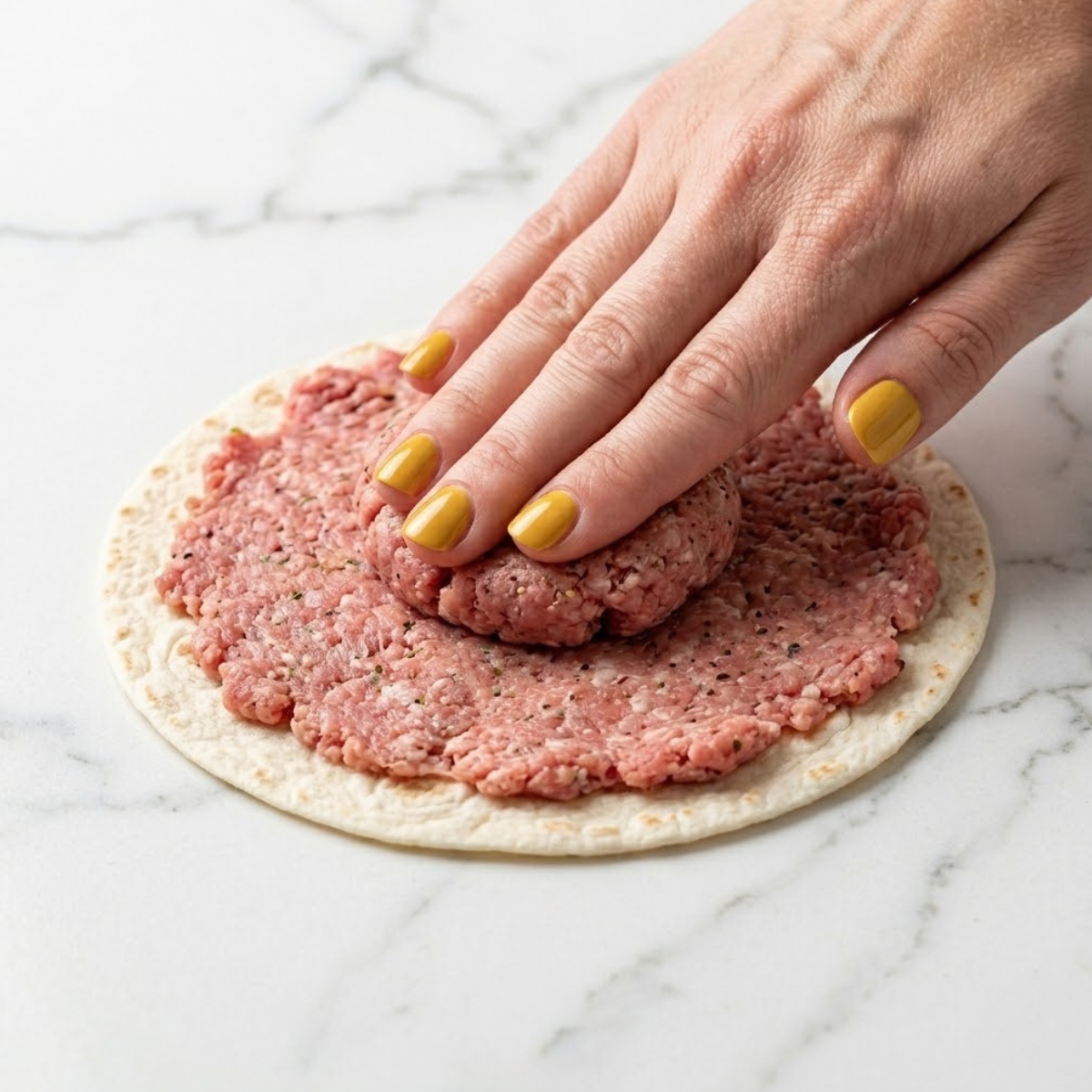 Extreme close-up of hands with mustard yellow nails pressing raw ground beef flat onto a flour tortilla on a marble counter.