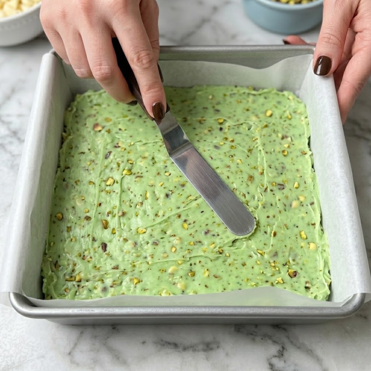 Tight zoom of hands with brown nails using an offset spatula to smooth pale green pistachio fudge into a parchment-lined pan.
