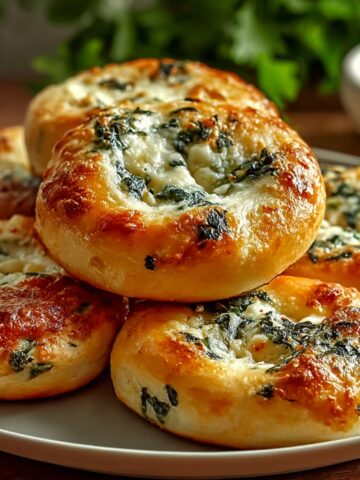 Golden baked Spinach Cottage Cheese rolls filled with a creamy spinach and cheese mixture, piled on a gray plate with a dipping sauce in the background.