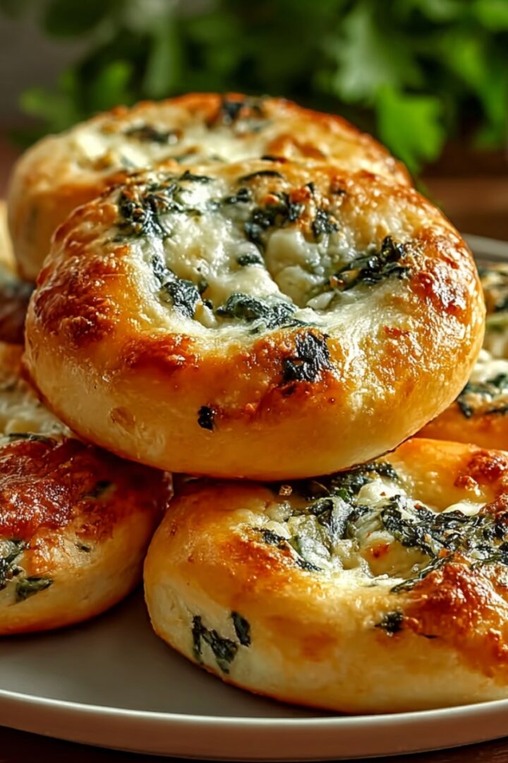 Golden baked Spinach Cottage Cheese rolls filled with a creamy spinach and cheese mixture, piled on a gray plate with a dipping sauce in the background.