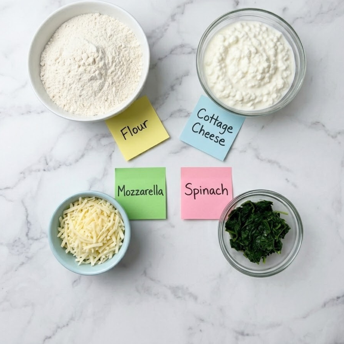 Flat lay of all-purpose flour, cottage cheese, dark green spinach, and shredded mozzarella with handwritten labels on a marble counter.
