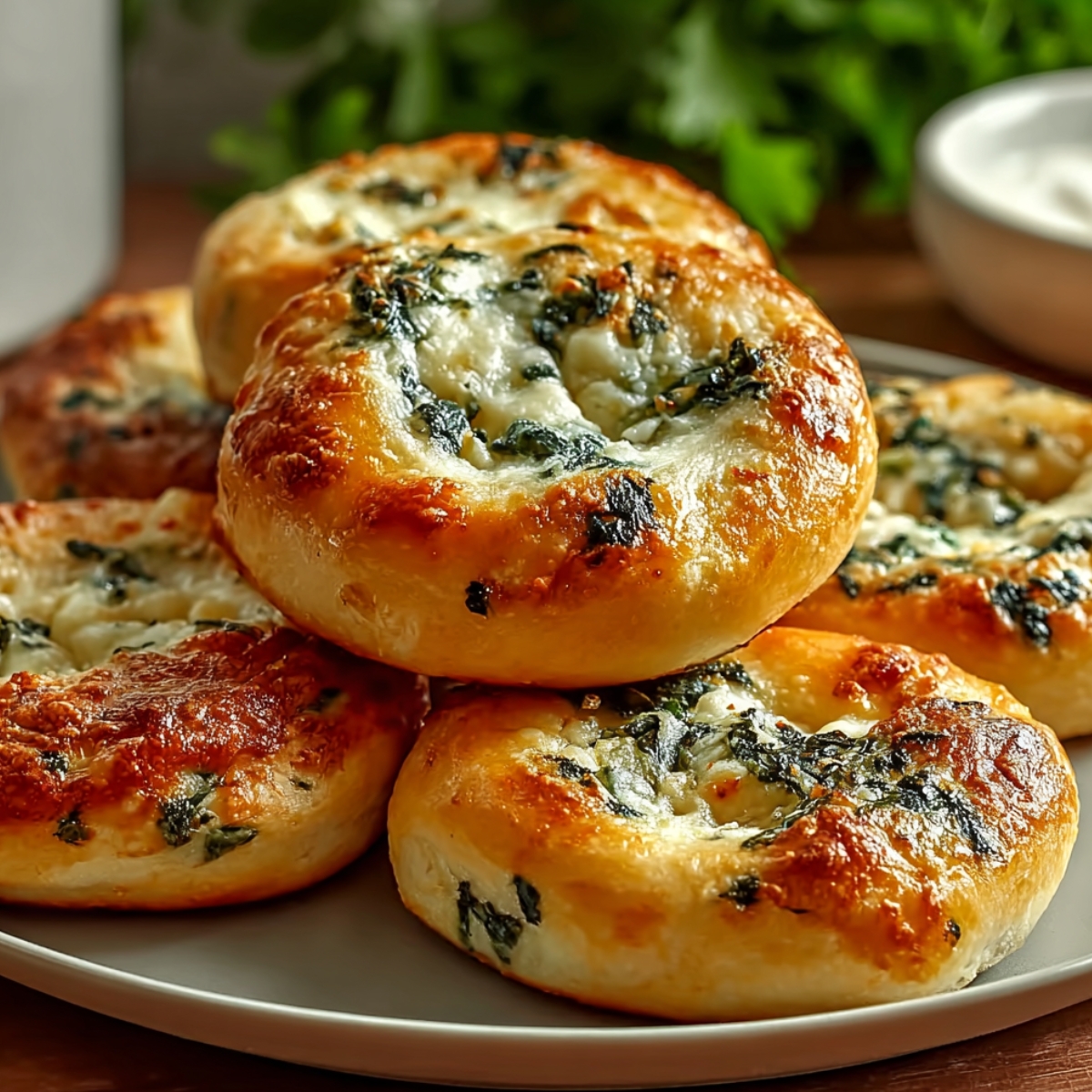 Golden baked Spinach Cottage Cheese rolls filled with a creamy spinach and cheese mixture, piled on a gray plate with a dipping sauce in the background.