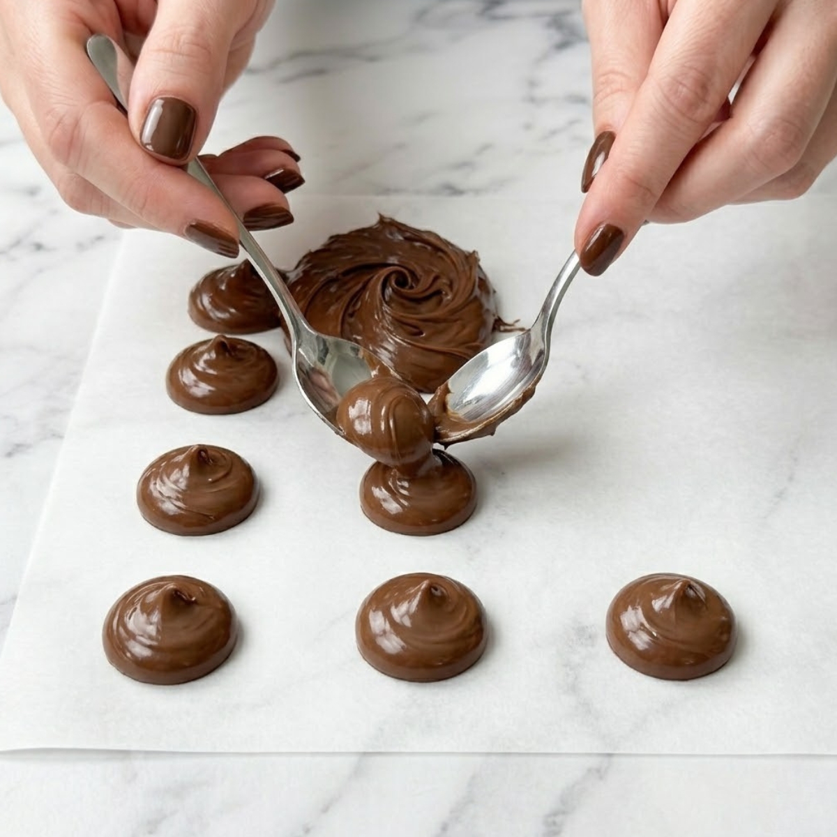 Extreme close-up of hands with brown nails using spoons to dollop chocolate hazelnut spread onto parchment paper.