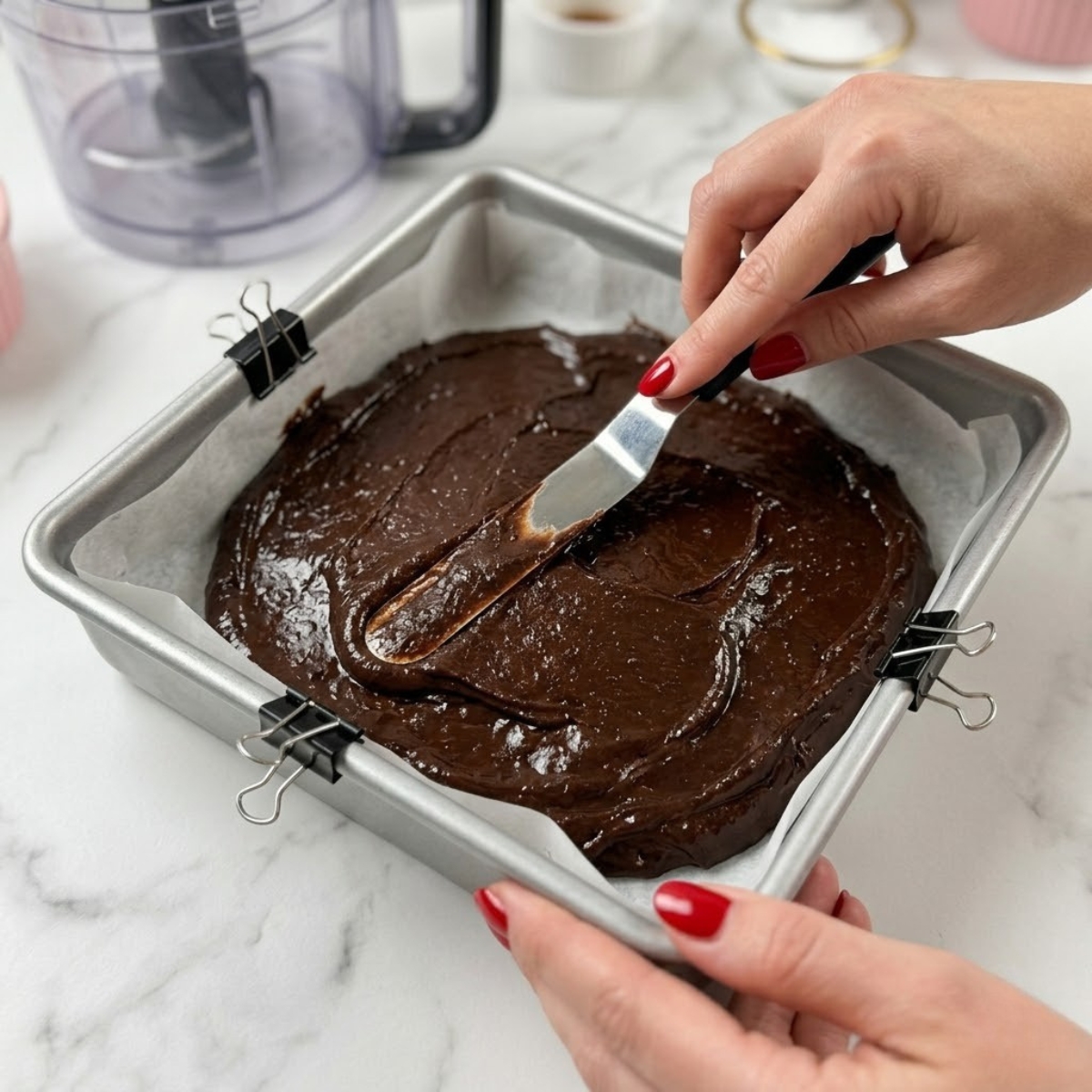 Close up view of a woman's hands with classic red nails using an offset spatula to spread thick dark chocolate avocado brownie batter into a parchment lined pan.