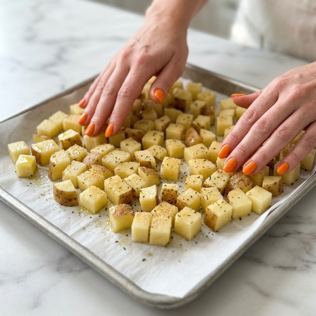 Extreme close-up of hands with orange nails spreading seasoned diced potatoes onto a parchment-lined baking sheet.