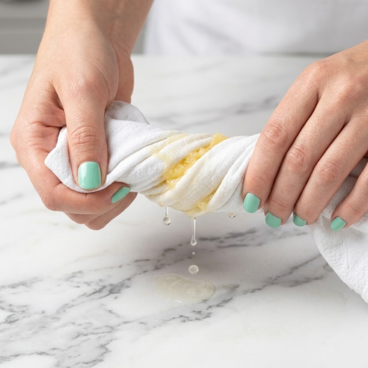 Extreme close-up of hands with mint green nails twisting a kitchen towel to squeeze moisture out of crushed pineapple.