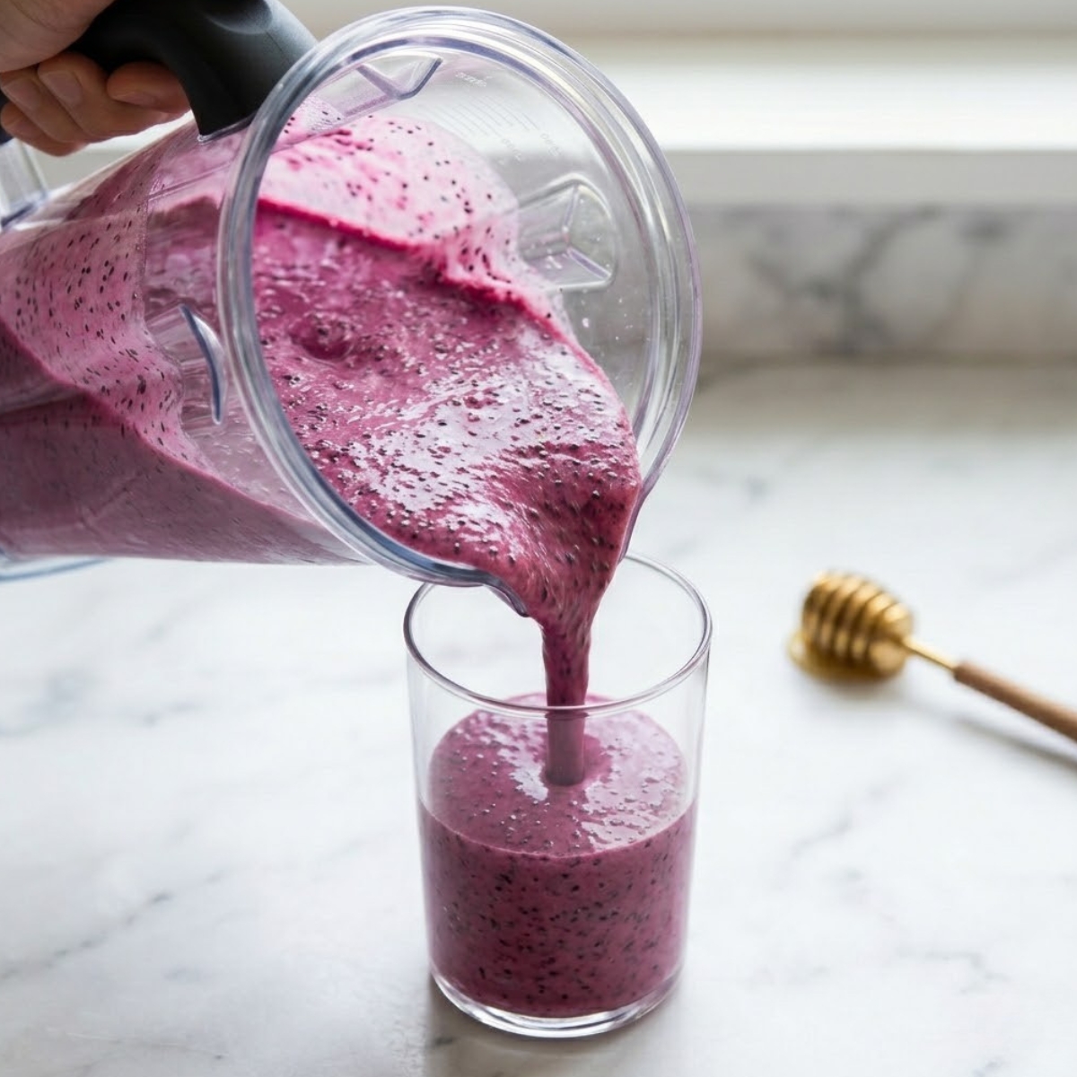 A close-up shot focusing on the high-powered blender jar. A hand is pouring the thick, vivid purple-pink smoothie, derived from the blend in image_34.png, into a tall glass. Suspended dark chia seeds, like those seen in image_31.png, are visible throughout the pour.