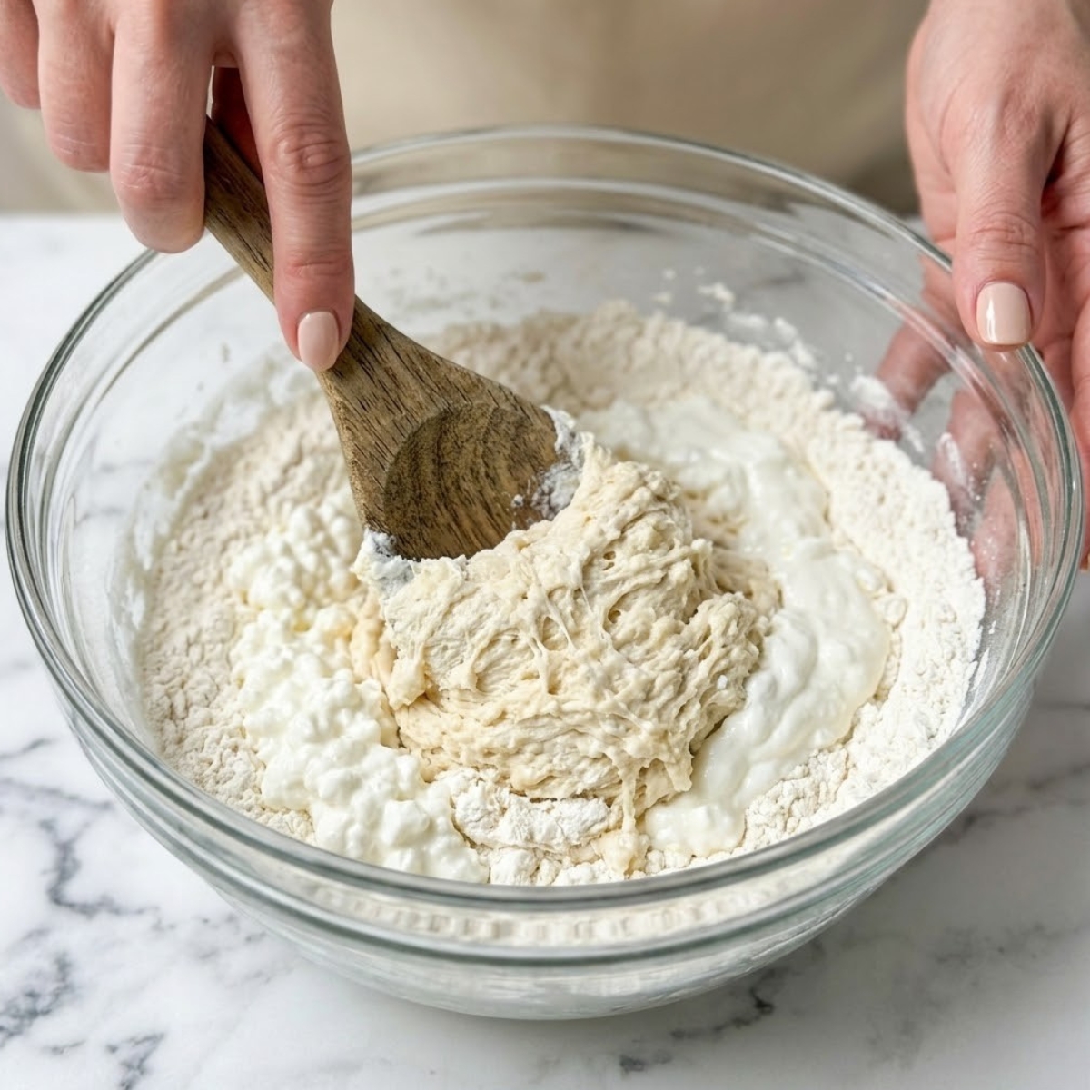 Extreme close-up of hands with nude nails using a wooden spoon to mix flour, cottage cheese, and yogurt into a shaggy dough.