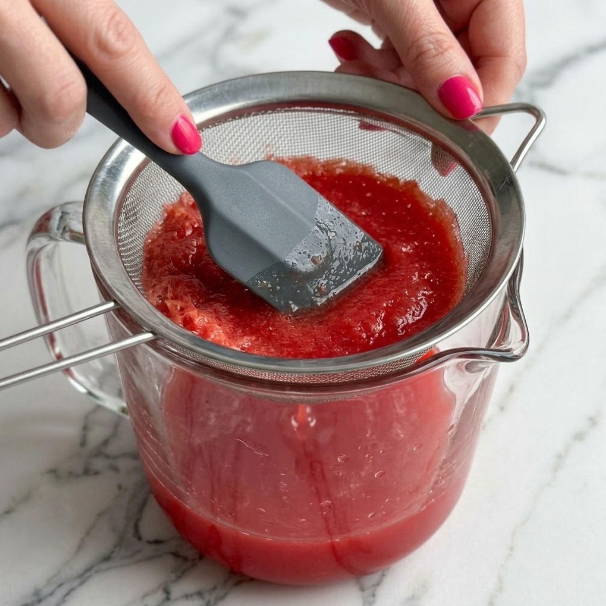 Tight zoom of hands with pink nails straining blended watermelon juice through a mesh sieve using a spatula.