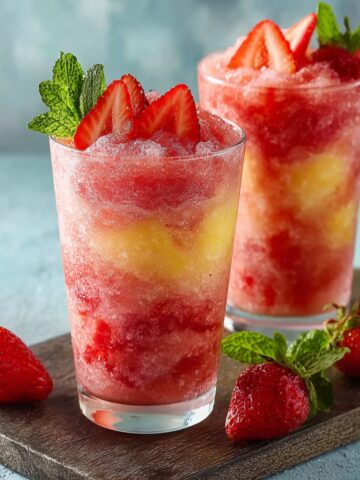 Two glasses of strawberry chamoyada with layered red and yellow slushy ice, topped with fresh sliced strawberries and mint leaves, served on a wooden board with whole strawberries and mint sprigs on a light blue background.