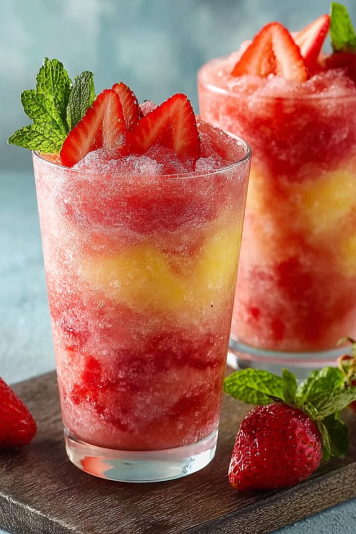Two glasses of strawberry chamoyada with layered red and yellow slushy ice, topped with fresh sliced strawberries and mint leaves, served on a wooden board with whole strawberries and mint sprigs on a light blue background.