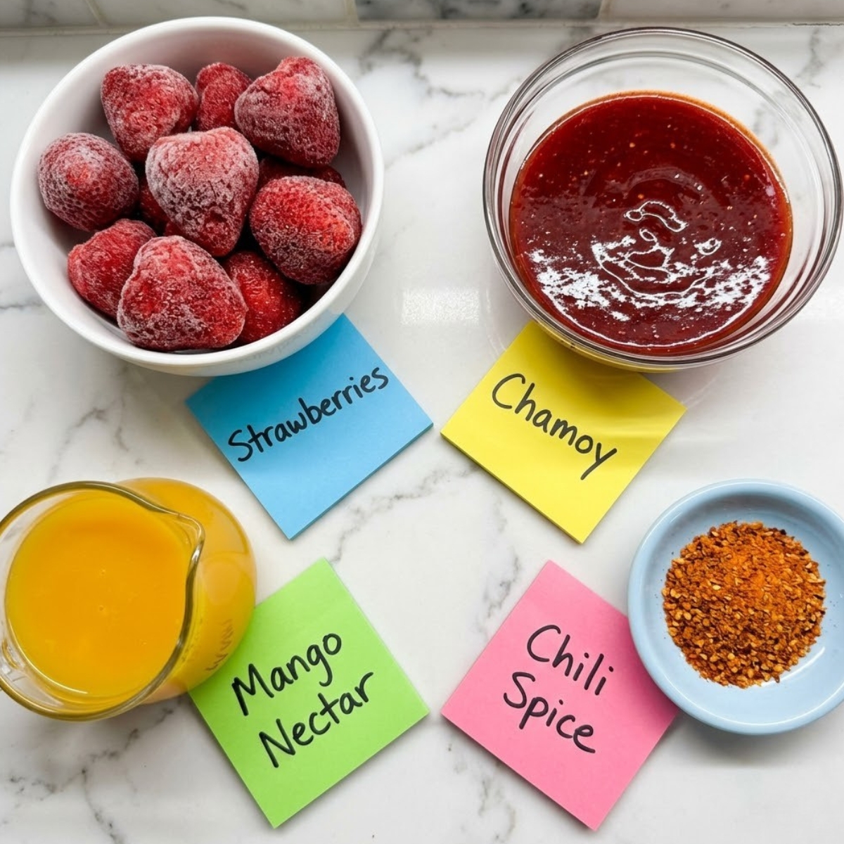 Flat lay of frozen strawberries, red chamoy sauce, mango nectar, and Tajín seasoning with handwritten labels on a marble counter.