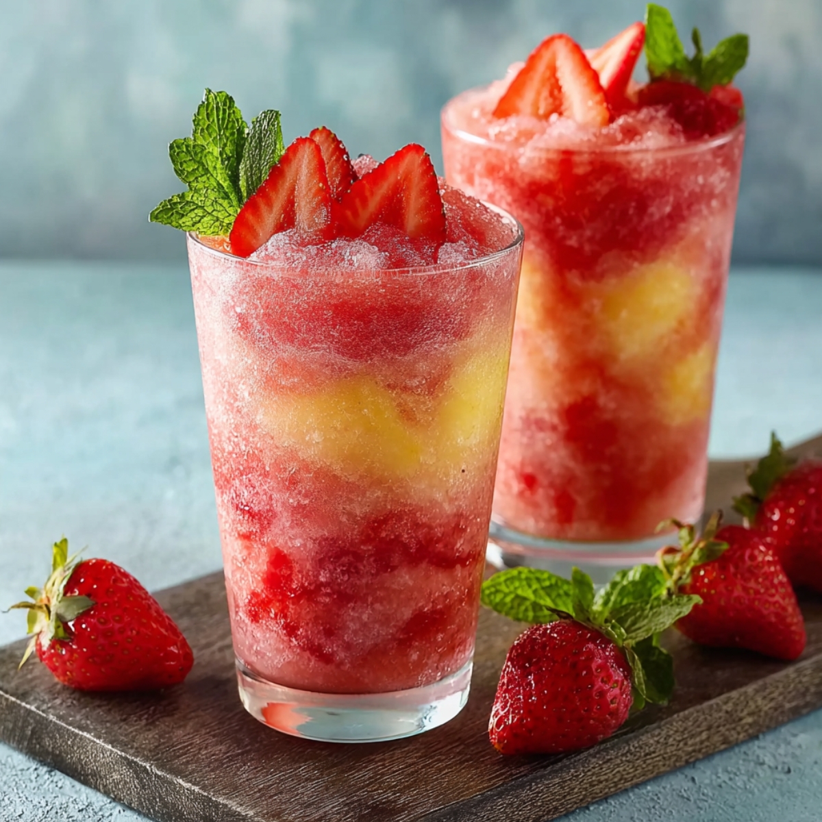 Two glasses of strawberry chamoyada with layered red and yellow slushy ice, topped with fresh sliced strawberries and mint leaves, served on a wooden board with whole strawberries and mint sprigs on a light blue background.