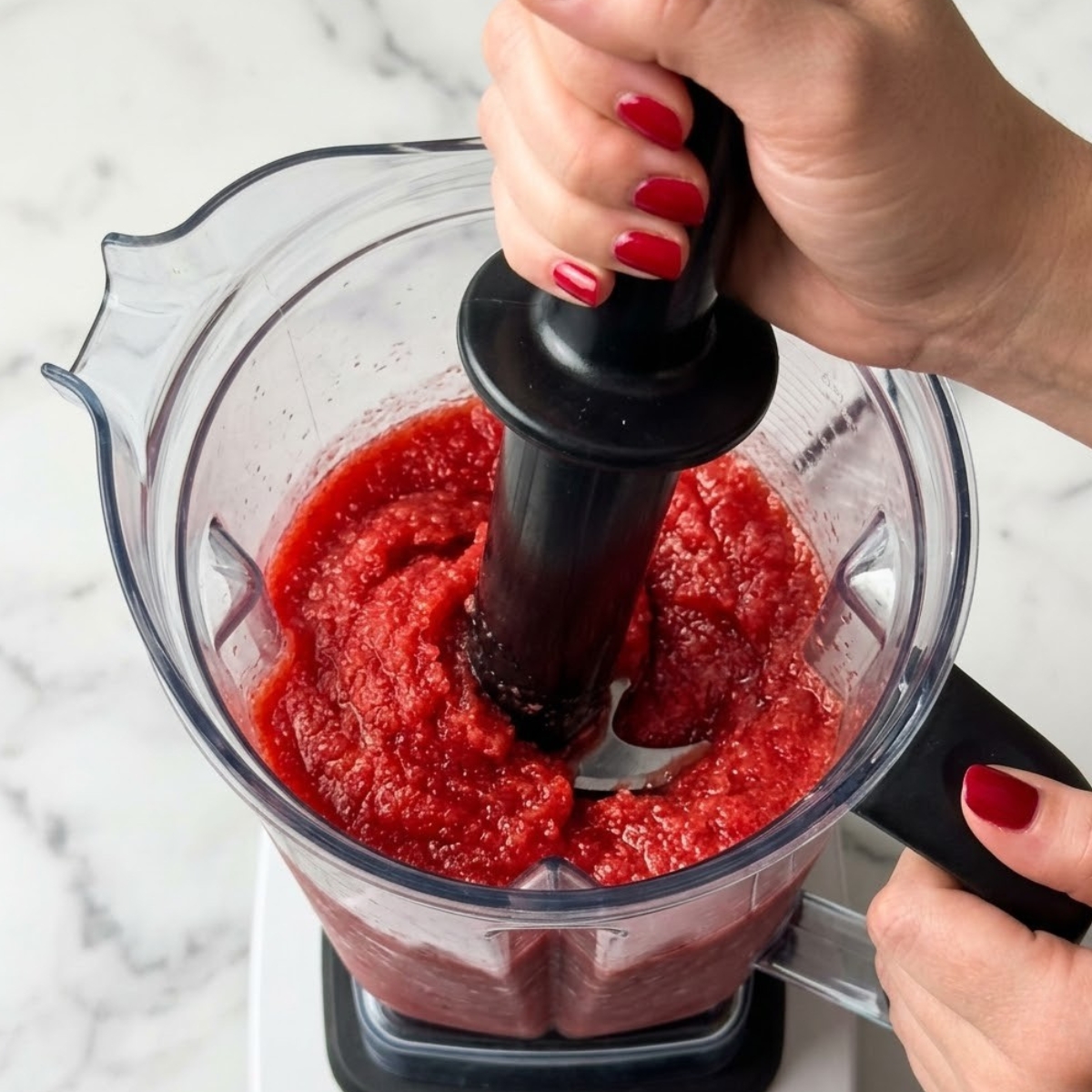 Tight zoom of hands with red nails using a tamper tool to guide a thick, frosty strawberry slushie down inside a blender.