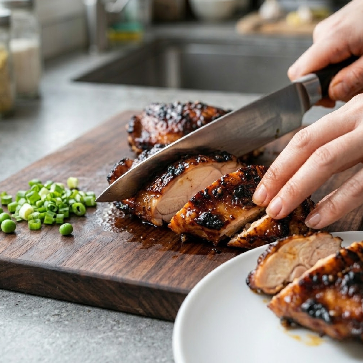 A macro photograph focuses on the surface of one charred chicken thigh. The deep reddish-brown marinade is deeply lacquered and starting to blister at the edges. A hand uses a pastry brush to apply the final golden honey glaze, creating a reflective, sticky shine under high heat.