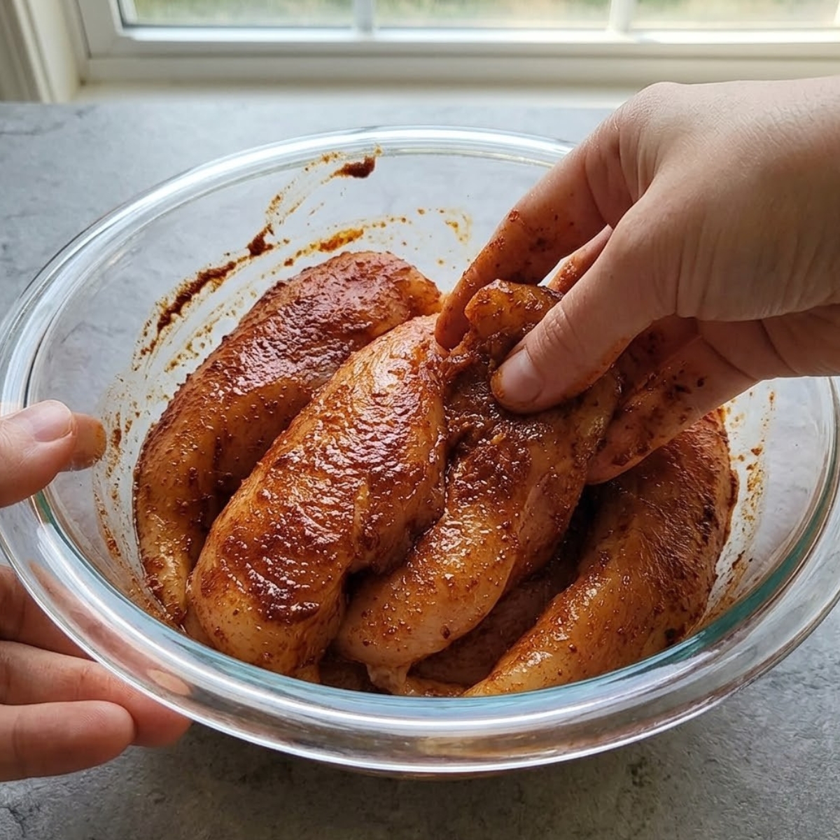 A focused close-up of two hands actively rubbing a reddish-brown spice paste (paprika, garlic powder, olive oil) onto raw chicken tenderloins inside a large glass bowl, set against a blurred grey stone countertop.