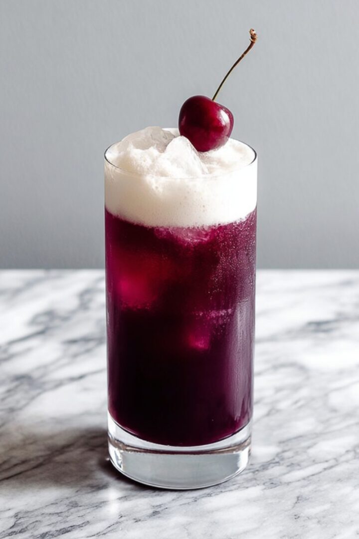 A tall clear highball glass filled with a deep burgundy cherry rum cocktail over ice, topped with a thick billowing white coconut foam layer and garnished with a single fresh dark cherry on a stem, placed on a white and gray veined marble surface against a clean light gray background.