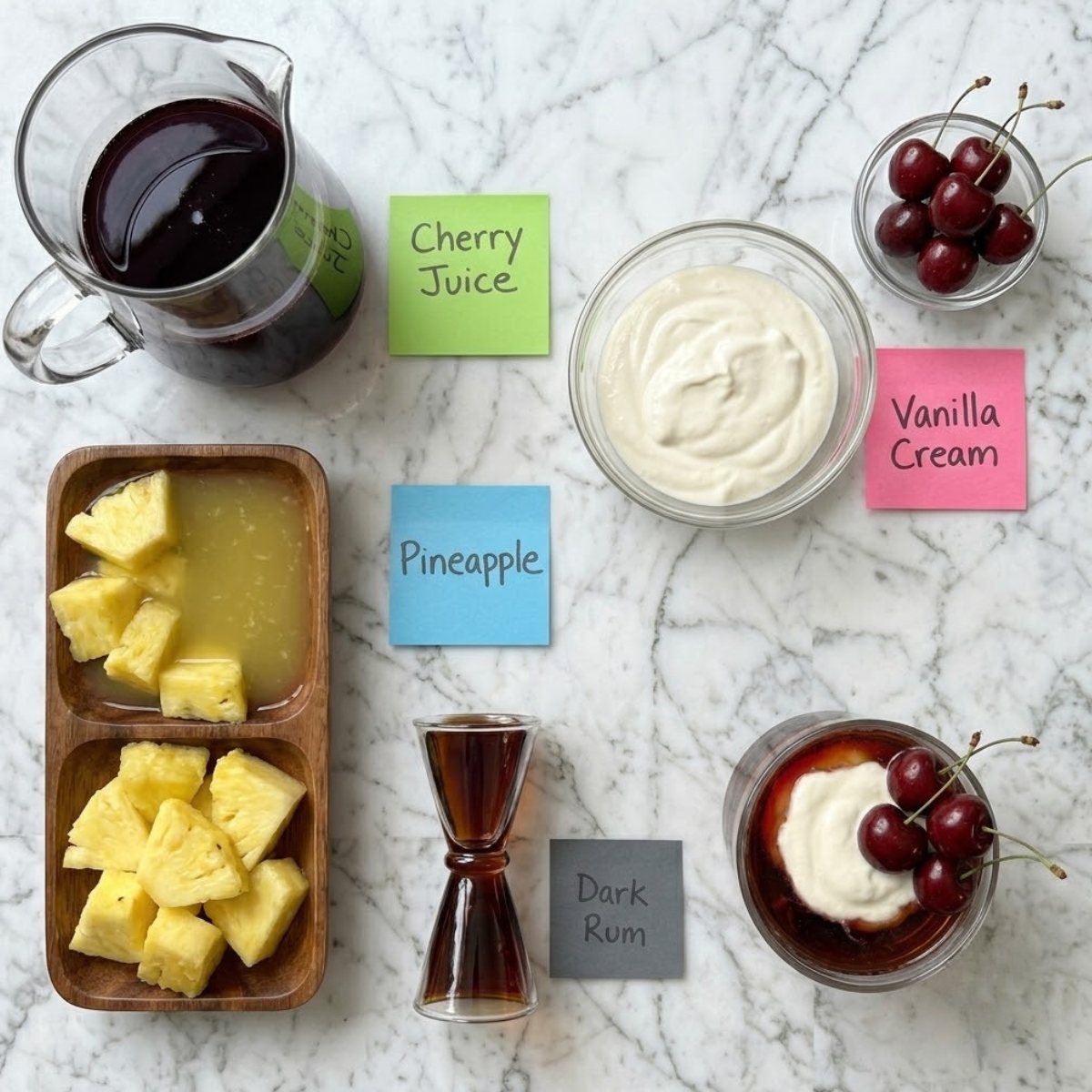 Flat lay of dark purple cherry juice, dark rum, pineapple juice, and vanilla cream with handwritten labels on a marble counter.