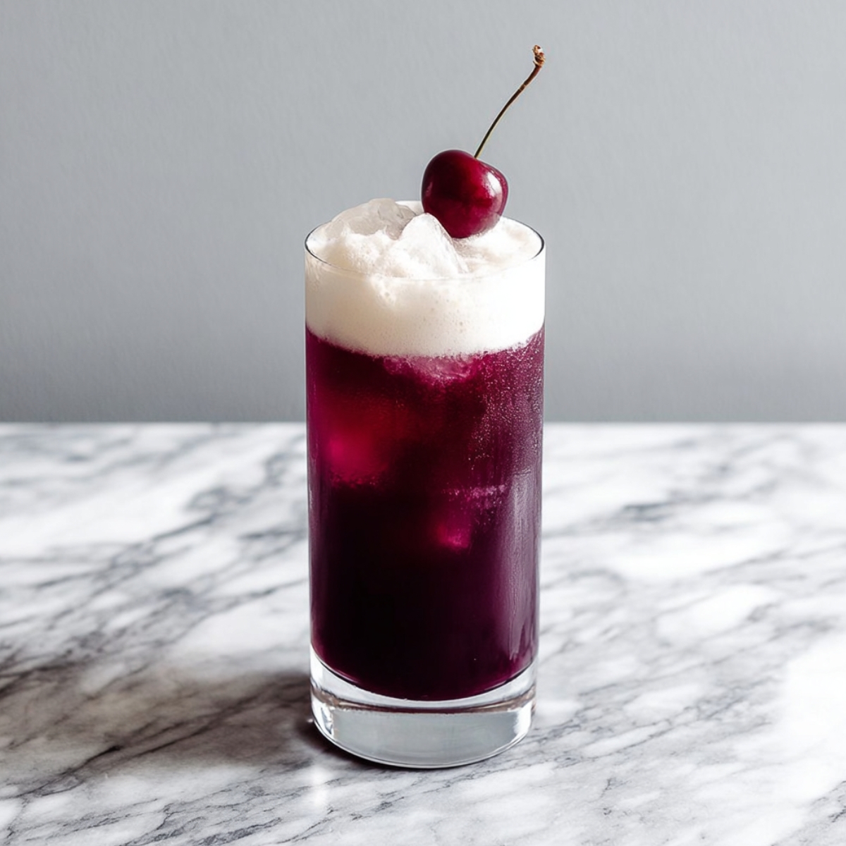 A tall clear highball glass filled with a deep burgundy cherry rum cocktail over ice, topped with a thick billowing white coconut foam layer and garnished with a single fresh dark cherry on a stem, placed on a white and gray veined marble surface against a clean light gray background.