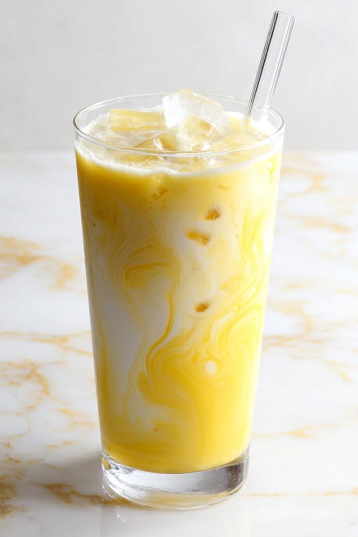 A tall clear highball glass filled with a vibrant golden yellow tropical dirty soda, showcasing beautiful swirling ribbons of cream blending into the bright mango or pineapple base, packed with ice cubes and a clear glass straw, set on a white and gold veined marble surface against a light gray background.