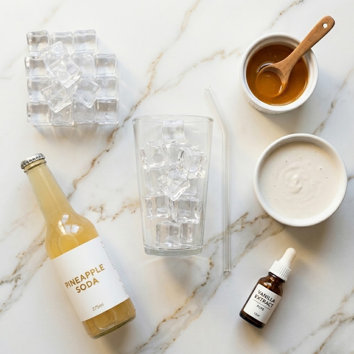 An overhead photograph showing a clear glass bottle of golden pineapple soda, a small ramekin of mango syrup, a bowl of thick coconut cream, a small bottle of vanilla extract, a tray of ice cubes, and a clear glass straw, all arranged neatly on the same white and gold-veined marble surface seen in image_10.png.