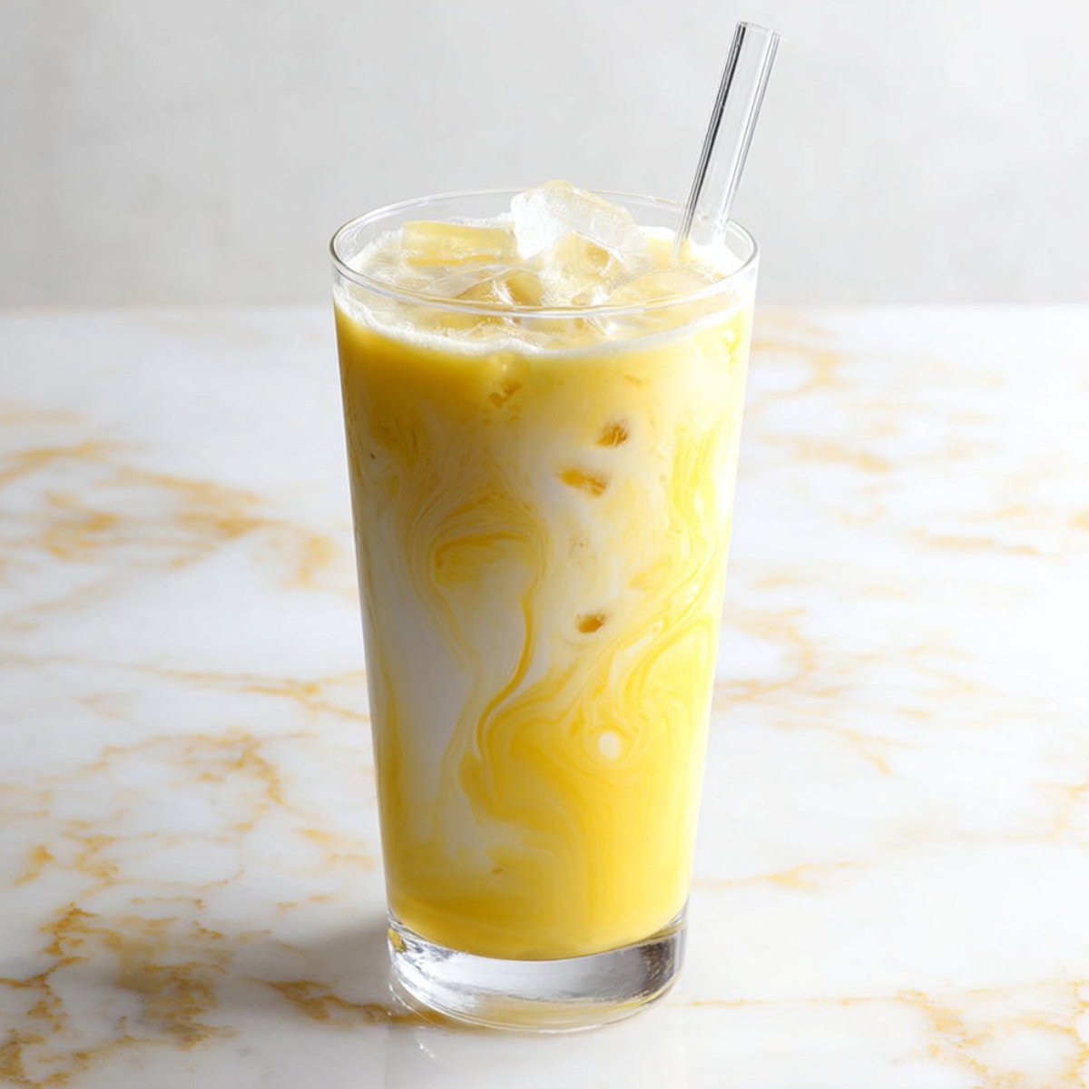 A tall clear highball glass filled with a vibrant golden yellow tropical dirty soda, showcasing beautiful swirling ribbons of cream blending into the bright mango or pineapple base, packed with ice cubes and a clear glass straw, set on a white and gold veined marble surface against a light gray background.
