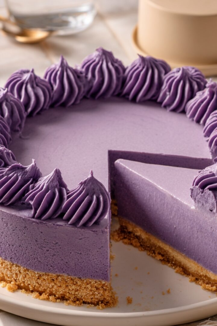 A sliced Ube Cheesecake with a smooth purple ube filling, graham cracker crust, and decorative purple ube cream piped around the edges, served on a white plate.