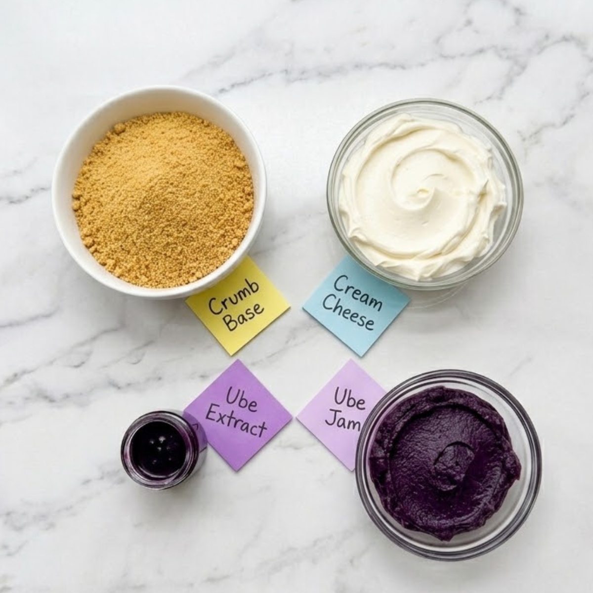 Flat lay of graham cracker crumbs, cream cheese, purple ube jam, and extract with handwritten labels on a marble counter.