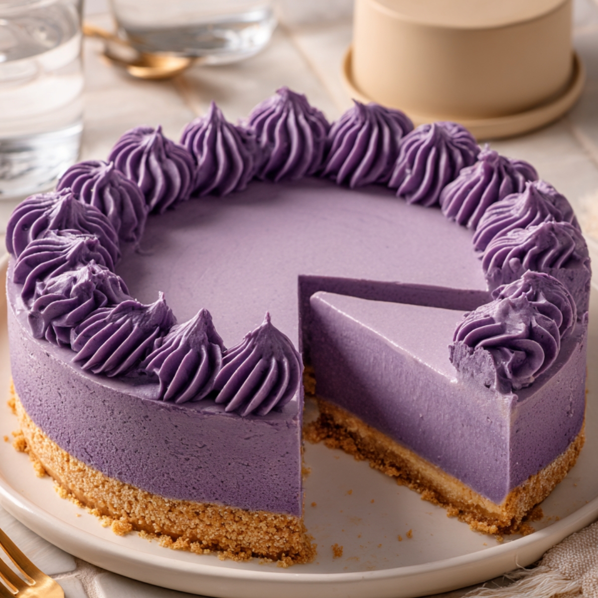 A sliced Ube Cheesecake with a smooth purple ube filling, graham cracker crust, and decorative purple ube cream piped around the edges, served on a white plate.