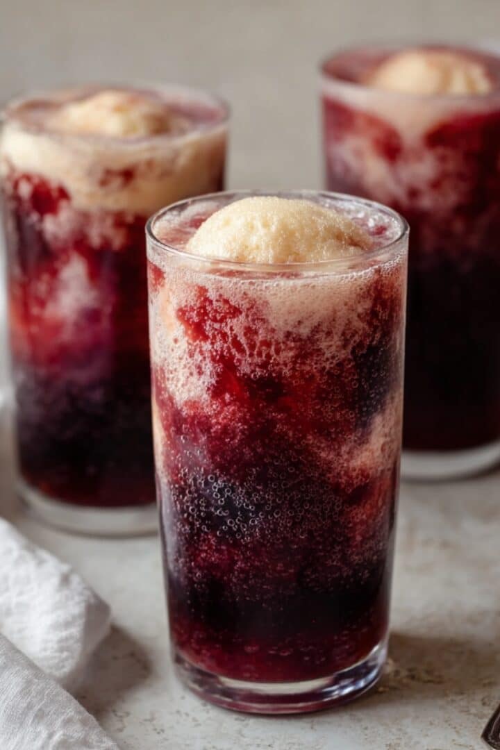 Three tall clear glasses filled with deep crimson cherry cola slushies topped with a round scoop of creamy vanilla ice cream creating a fizzing float effect, arranged on a light stone surface with a white linen napkin and a silver spoon alongside, against a soft neutral background.