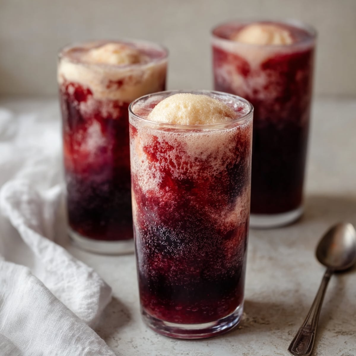 Three tall clear glasses filled with deep crimson cherry cola slushies topped with a round scoop of creamy vanilla ice cream creating a fizzing float effect, arranged on a light stone surface with a white linen napkin and a silver spoon alongside, against a soft neutral background.