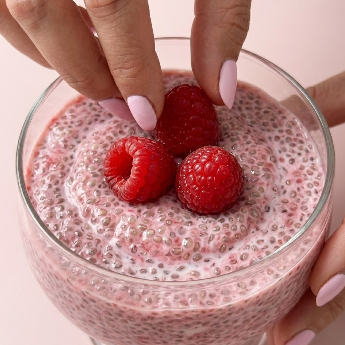Extreme close-up of hands with pink nails topping a clear glass of pink chia pudding with fresh raspberries.