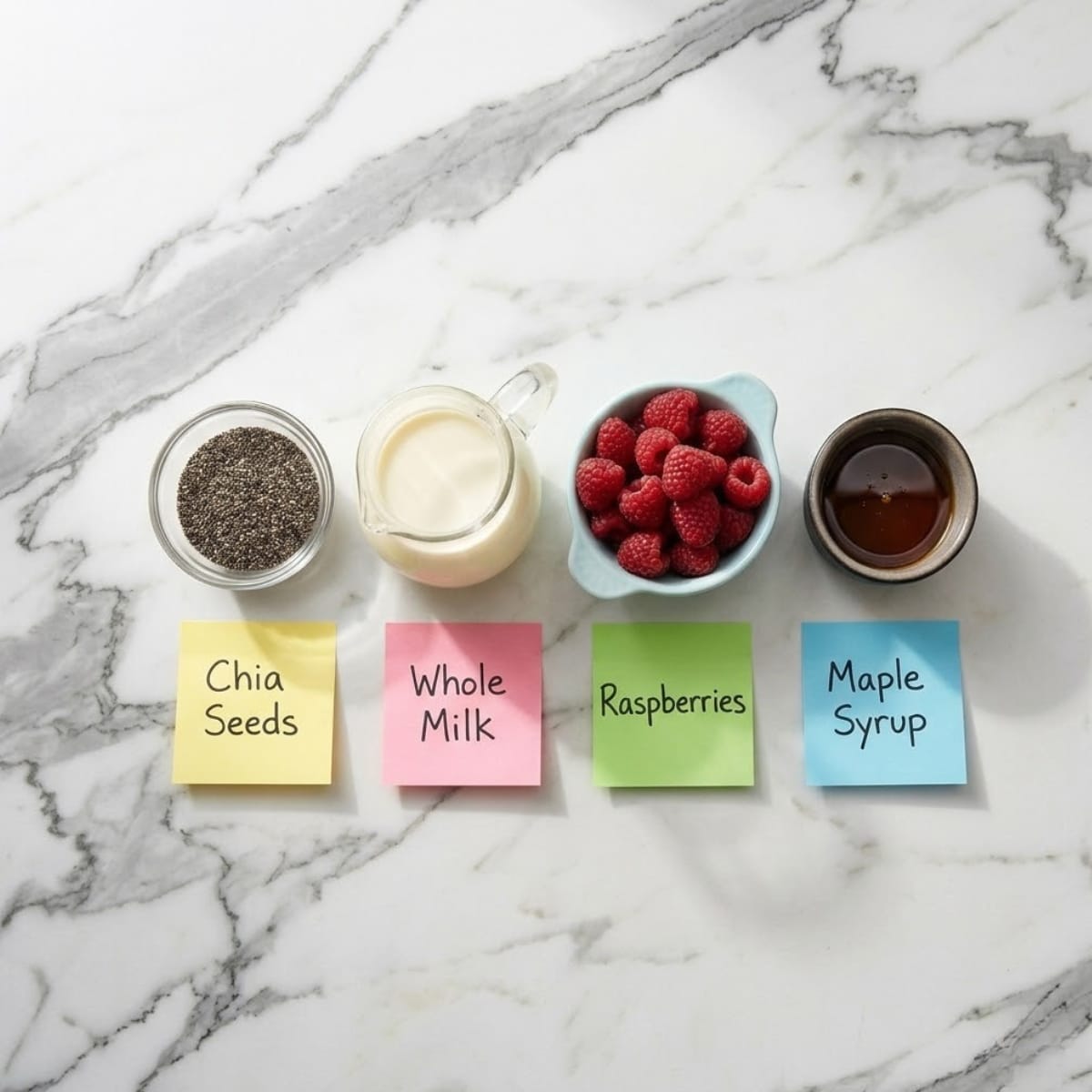 Tight flat lay of chia seeds, milk, and fresh raspberries in bowls with handwritten labels on a marble counter.
