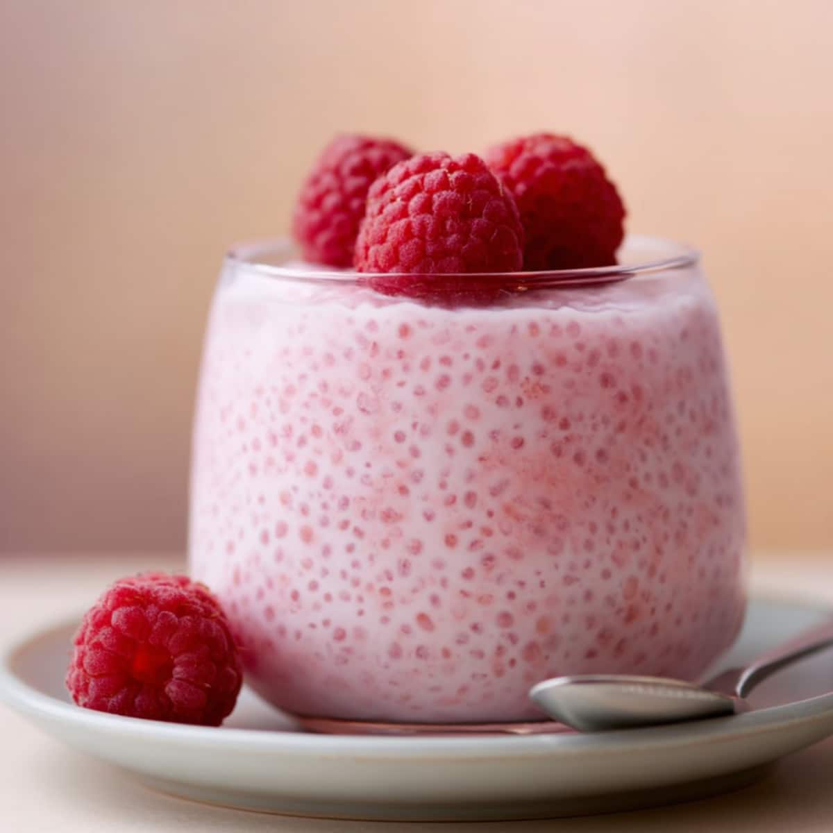 A clear glass filled with delicate pale pink vanilla raspberry chia pudding with visible swollen chia seeds throughout, topped with three plump fresh raspberries, placed on a white ceramic saucer with additional raspberries and a silver spoon alongside, against a soft warm peach-toned blurred background.You said: Vanilla Raspberry Chia Pudding