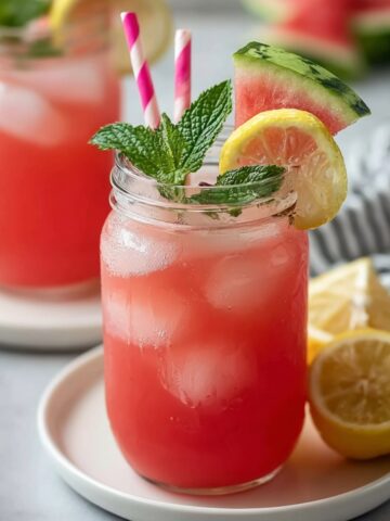 Two mason jar glasses filled with vibrant coral-red watermelon lemonade over ice, each garnished with a fresh mint sprig, a lemon wheel, a small watermelon wedge, and pink and white striped paper straws, with the foreground glass on a pink ceramic saucer surrounded by halved lemons, a gray striped linen napkin, and sliced watermelon softly blurred in the background on a gray surface.