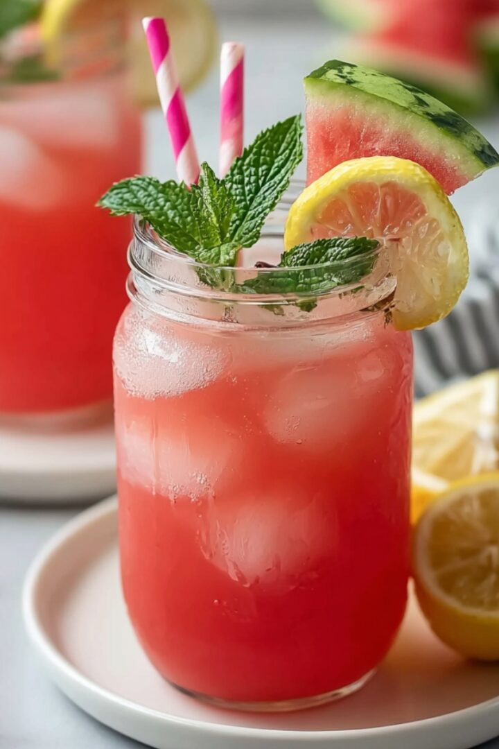 Two mason jar glasses filled with vibrant coral-red watermelon lemonade over ice, each garnished with a fresh mint sprig, a lemon wheel, a small watermelon wedge, and pink and white striped paper straws, with the foreground glass on a pink ceramic saucer surrounded by halved lemons, a gray striped linen napkin, and sliced watermelon softly blurred in the background on a gray surface.