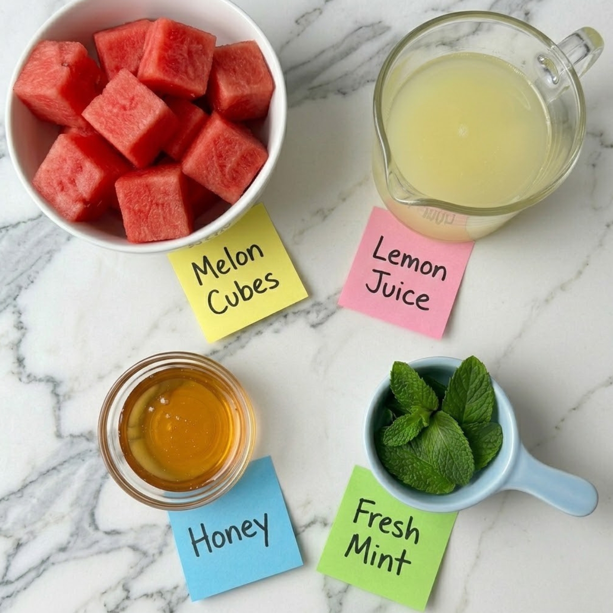 Flat lay of fresh cubed watermelon, lemon juice, honey, and mint with handwritten labels on a marble counter.