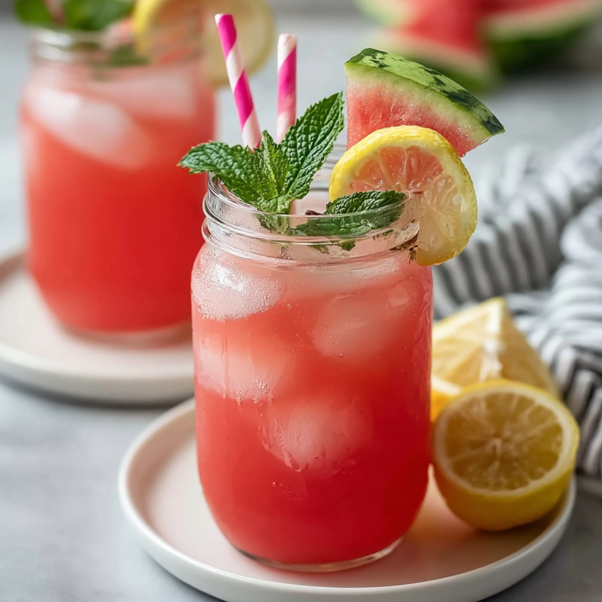 Two mason jar glasses filled with vibrant coral-red watermelon lemonade over ice, each garnished with a fresh mint sprig, a lemon wheel, a small watermelon wedge, and pink and white striped paper straws, with the foreground glass on a pink ceramic saucer surrounded by halved lemons, a gray striped linen napkin, and sliced watermelon softly blurred in the background on a gray surface.