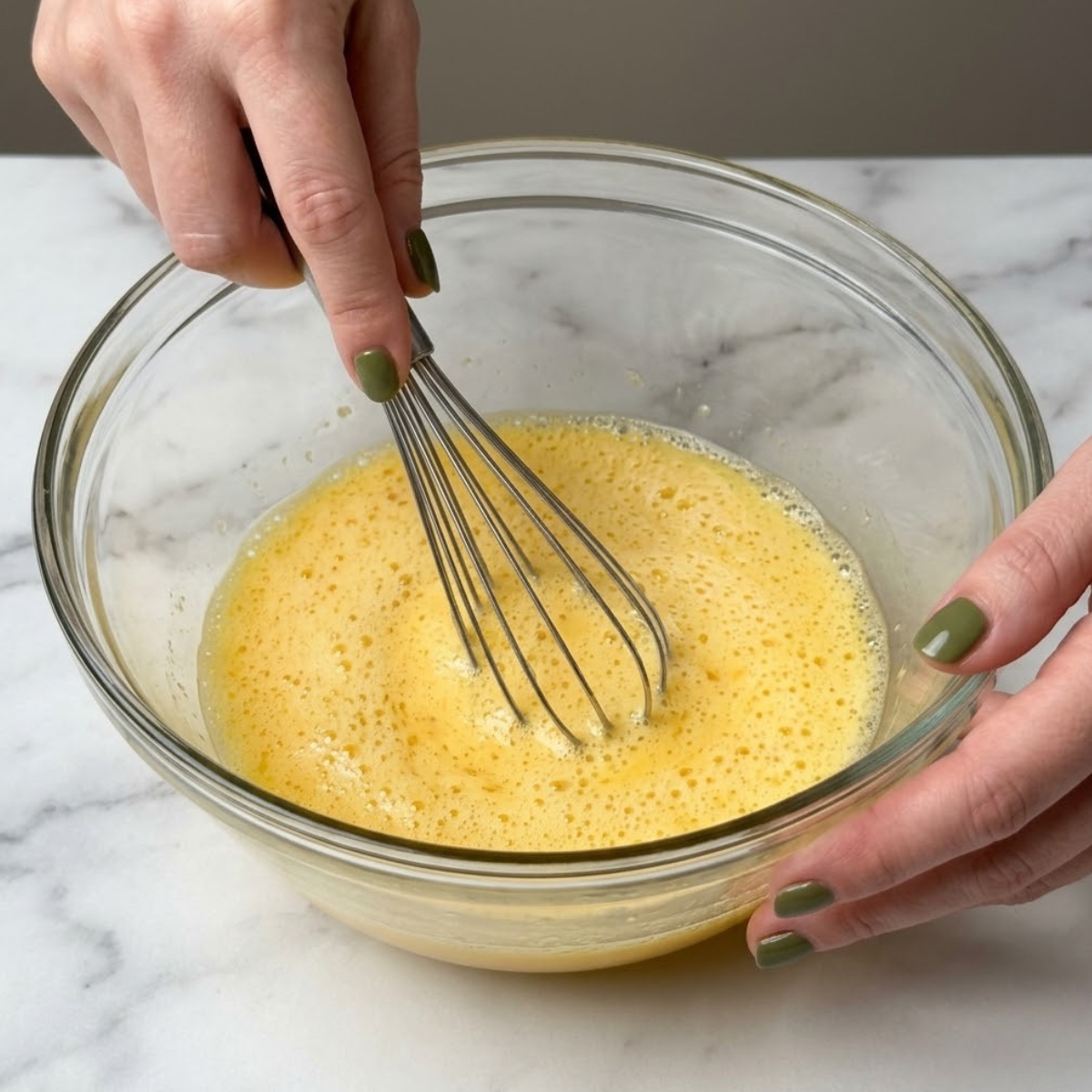 Extreme close-up of hands with olive green nails using a wire whisk to beat eggs into a frothy mixture inside a glass bowl.