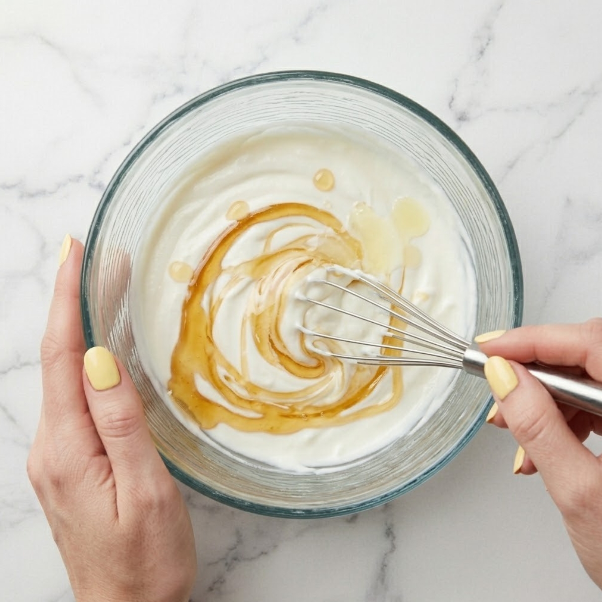 Extreme close-up of hands with yellow nails using a small wire whisk to blend raw honey into thick Greek yogurt inside a glass bowl.