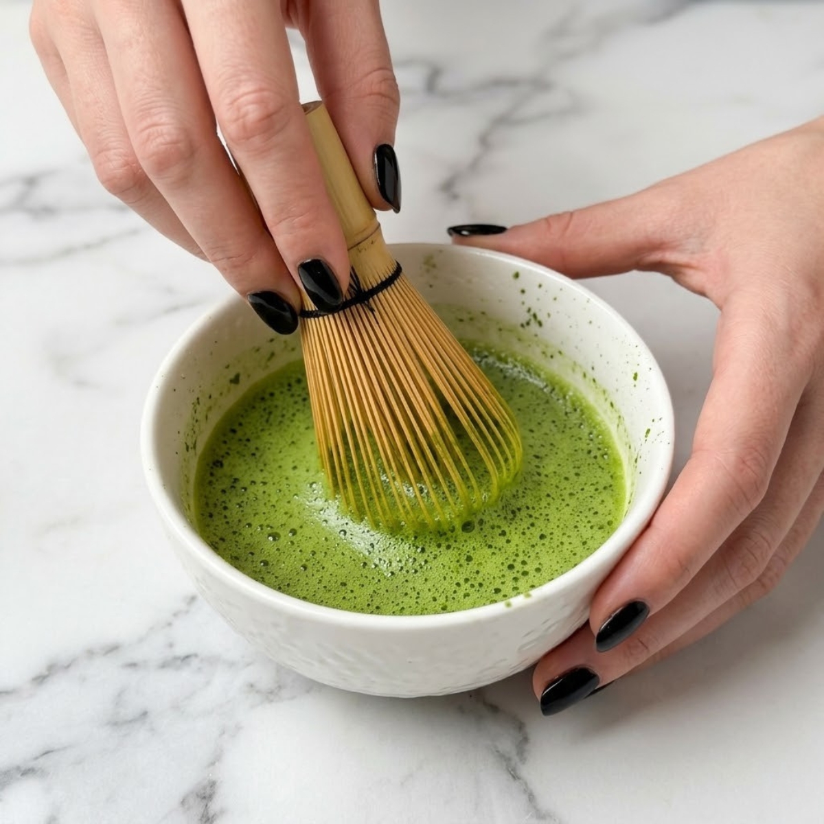 Close up view of a woman's hands with glossy black nails using a bamboo whisk to blend a bright green, frothy matcha concentrate in a white ceramic bowl.