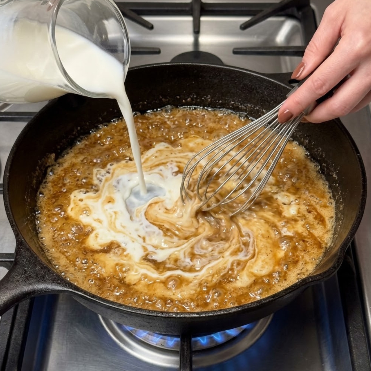 Extreme close-up of hands with brown nails using a wire whisk to mix flour and milk into a country gravy in a skillet over a gas flame.