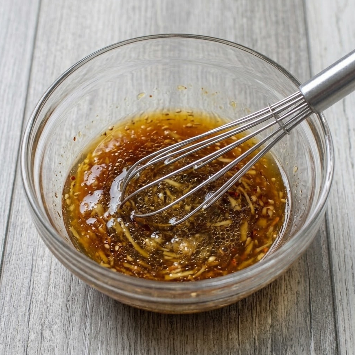 A focused close-up shot of a small, clear glass bowl resting on the grey wood plank table surface. A tiny metal whisk is actively mixing a combination of golden sesame oil, dark soy sauce, amber honey, rice vinegar, grated ginger, and red chili flakes. The mixture is homogenizing into a glossy, complex savory-sweet dressing paste, with small bubbles suspended. Natural daylight illuminates the shimmering texture.