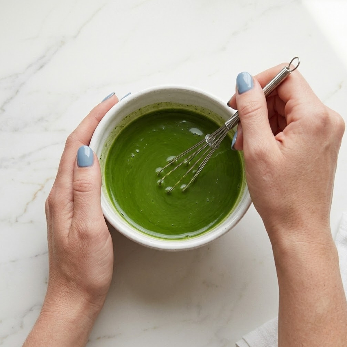Instructional close-up showing the essential step of dissolving matcha powder in warm water to prevent "pond situation" clumps in the final oats.